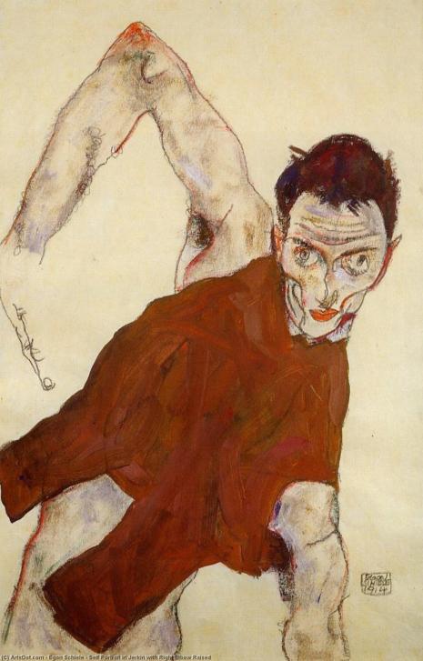 Egon schiele self portrait in jerkin with right elbow raised